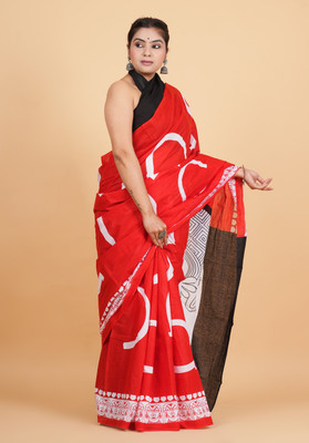 Krishna Creation Printed Handloom Pure Cotton Saree(Red)