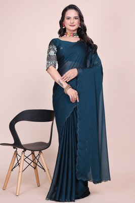 Zenophily Solid/Plain Maheshwari Chiffon Saree(Blue)