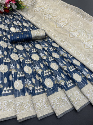 AAINA CREATION Woven, Printed Bollywood Tissue Saree(Blue)