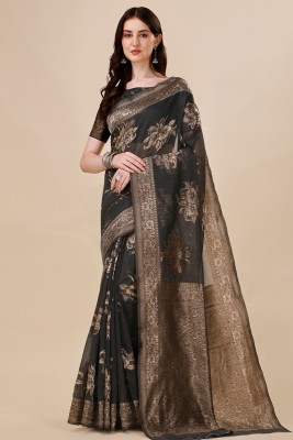 AAGIRI Applique, Self Design, Floral Print, Embellished, Woven Kanjivaram Jacquard, Art Silk Saree(Grey)