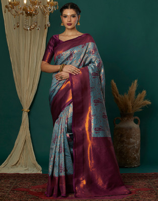 Samah Woven, Embellished Kanjivaram Silk Blend, Jacquard Saree(Blue, Purple)