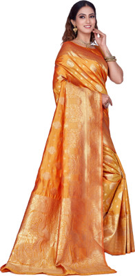 sorathiya enterprise Woven Banarasi Silk Blend Saree(Yellow, Gold, Orange)