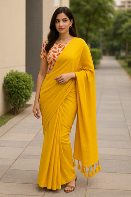 SMRITI HANDLOOM Solid/Plain Handloom Handloom Pure Cotton Saree(Yellow)