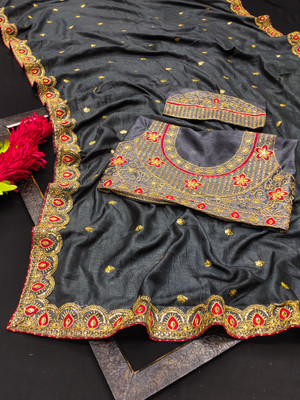 Vraj Textile Embroidered Chinnalapattu Pure Silk Saree(Grey)
