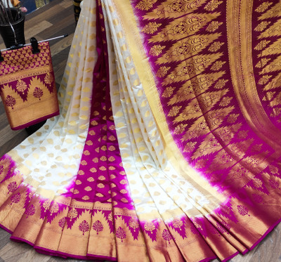 Balaji Dyed Banarasi Nylon Saree(White, Pink)
