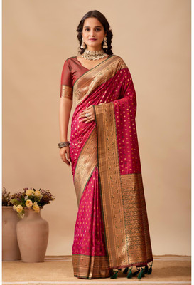 Kathavastra Floral Print, Woven Banarasi Pure Silk Saree(Pink)