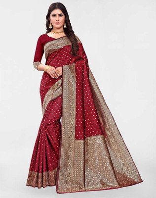 Samah Woven, Embellished Banarasi Silk Blend Saree(Maroon, Gold)