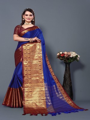 Aika Solid/Plain Banarasi Cotton Silk Saree(Dark Blue)