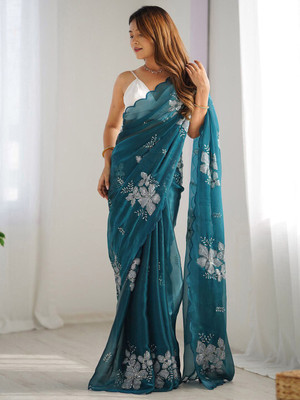 ANOUK Embellished Saree with Attached Blouse Organza Saree(Blue)