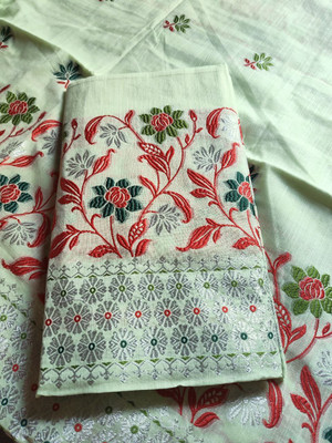 PNB Embroidered, Floral Print, Geometric Print Mekhela Chador Pure Cotton Saree(Light Green)