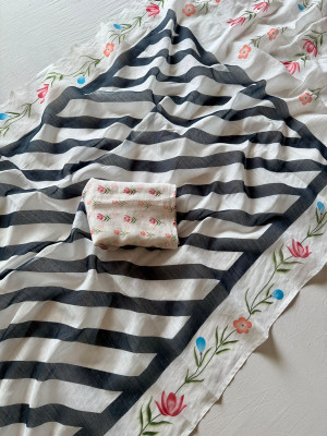 sdgratitud Striped, Floral Print, Digital Print Daily Wear Cotton Linen, Linen Saree(White, Black)