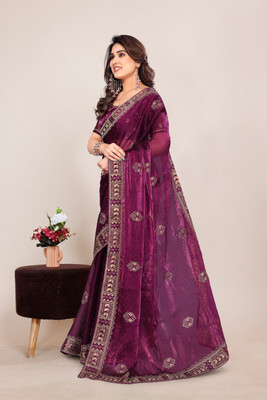 KHRITI FAB Embroidered Bollywood Jimmy choo Saree(Purple)
