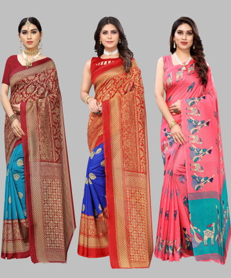 Nirvaan Printed Mysore Art Silk Saree(Pack of 3, Light Green)
