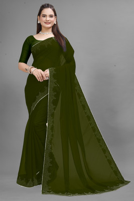 Manan Creation Solid/Plain Bollywood Georgette, Chiffon Saree(Dark Green)