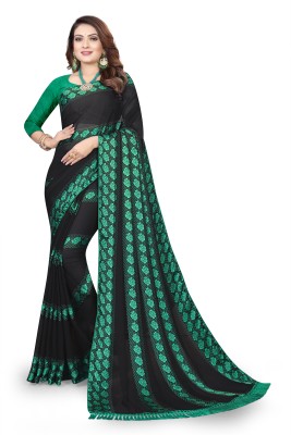 immolate Printed Daily Wear Satin, Chiffon Saree(Black, Blue)