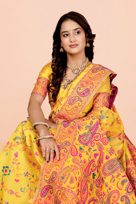 NEZAA EXPORT Woven Kanjivaram Pure Cotton Saree(Yellow)