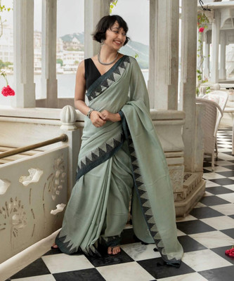 TWIRL Temple Border Handloom Pure Cotton Saree(Grey)