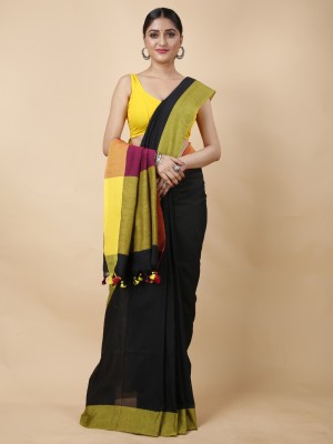 DipDiya Color Block Handloom Pure Cotton Saree(Black)