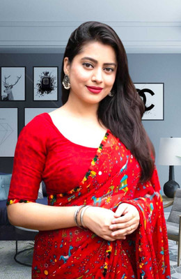 DAZLIO Printed Kalamkari Georgette Saree(Red)