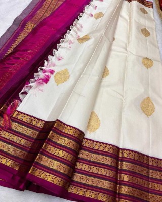 A To Z Cart Woven Banarasi Pure Silk Saree(White, Purple)