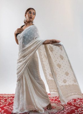 Manal Kreations Embroidered Lucknow Chikankari Georgette Saree(White)