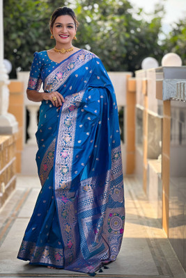 ROOP LAVANYA Woven Kanjivaram Jacquard, Art Silk Saree(Blue)