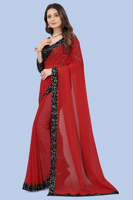 Meaven feb Solid/Plain Bollywood Georgette Saree(Red)