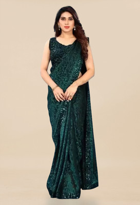 VILUCHI Embroidered Bollywood Lycra Blend Saree(Dark Green)