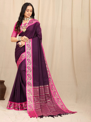 Julee Self Design Assam Silk Silk Blend Saree(Purple)
