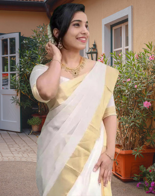 ShriSaree Woven Kasavu Pure Cotton Saree(White)