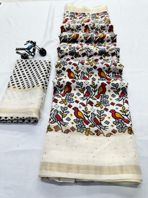 radhe creation Animal Print, Embellished, Self Design Patola Cotton Silk, Silk Blend Saree(White, Multicolor)