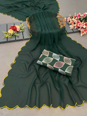 ZENFAB THREADS Self Design, Embroidered Bollywood Georgette Saree(Green)