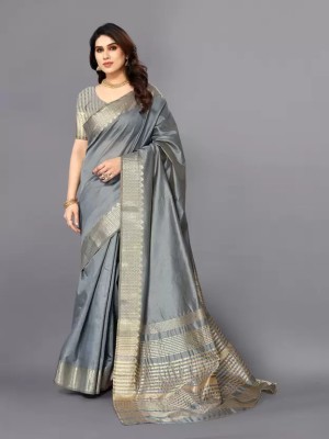 VRIYUDI Woven, Self Design, Striped Assam Silk Pure Cotton, Cotton Silk Saree(Grey)