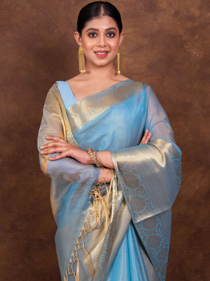 VILLAGIUS Embellished Ikkat Handloom Tissue, Silk Blend Saree(Light Blue)