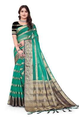 Aarunika IC Striped, Woven Bollywood Organza Saree(Light Green)