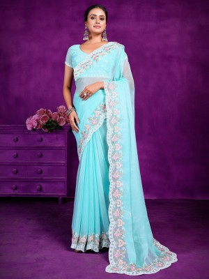 Divastri Embroidered Bollywood Georgette Saree(Light Blue)