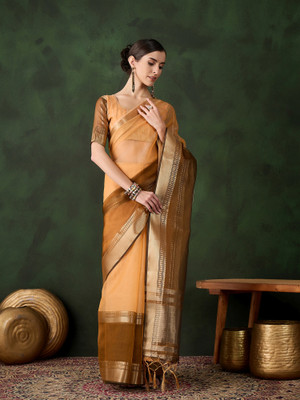 Sangria Woven Saree with Attached Blouse Organza Saree(Yellow)