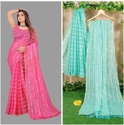 PTR SAREES Striped Bollywood Cotton Blend Saree(Pink, Green)