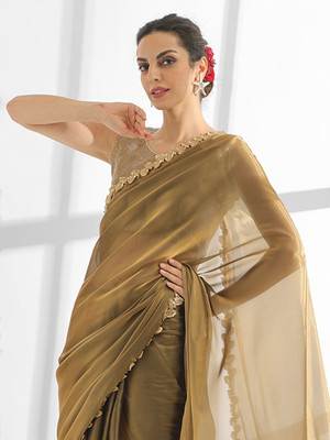 M.S.RETAIL Solid/Plain Bollywood Organza Saree(Gold)