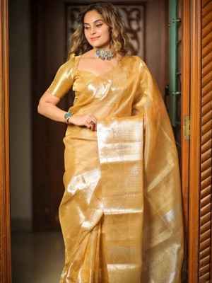 AWESOME Woven, Embellished Kanjivaram Tissue, Silk Blend Saree(Beige)
