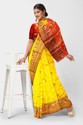 Doroly Self Design Banarasi Cotton Silk Saree(Yellow)