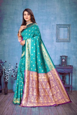 SEASON FAB Self Design, Applique, Blocked Printed, Checkered Banarasi Jacquard, Art Silk Saree(Dark Green)