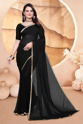 HIJA TRENDZ Solid/Plain Bollywood Georgette Saree(Black)