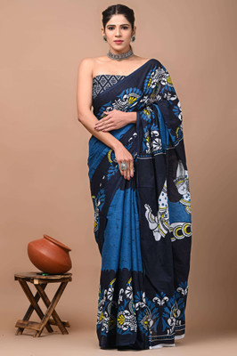 Printed Threads Printed Saree with Attached Blouse Mulmul Saree(Light Blue)