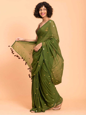 Radha Krishna Saree Solid/Plain, Polka Print Handloom Cotton Blend Saree(Dark Green)