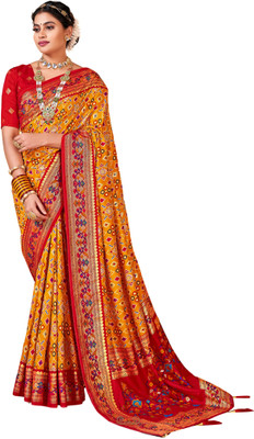 Akhilam Printed Patola Silk Blend Saree(Mustard)