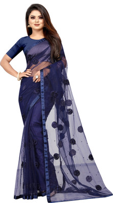 FORKEY Embellished Gadwal Net Saree(Dark Blue)