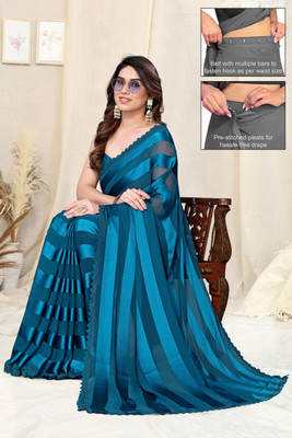 MIRCHI FASHION Striped, Solid/Plain Bollywood Georgette Saree(Blue)