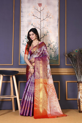 jayant creation Self Design Kanjivaram Jacquard, Silk Blend Saree(Purple)