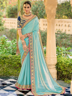 Tasrika Embellished Bollywood Satin Saree(Light Blue)